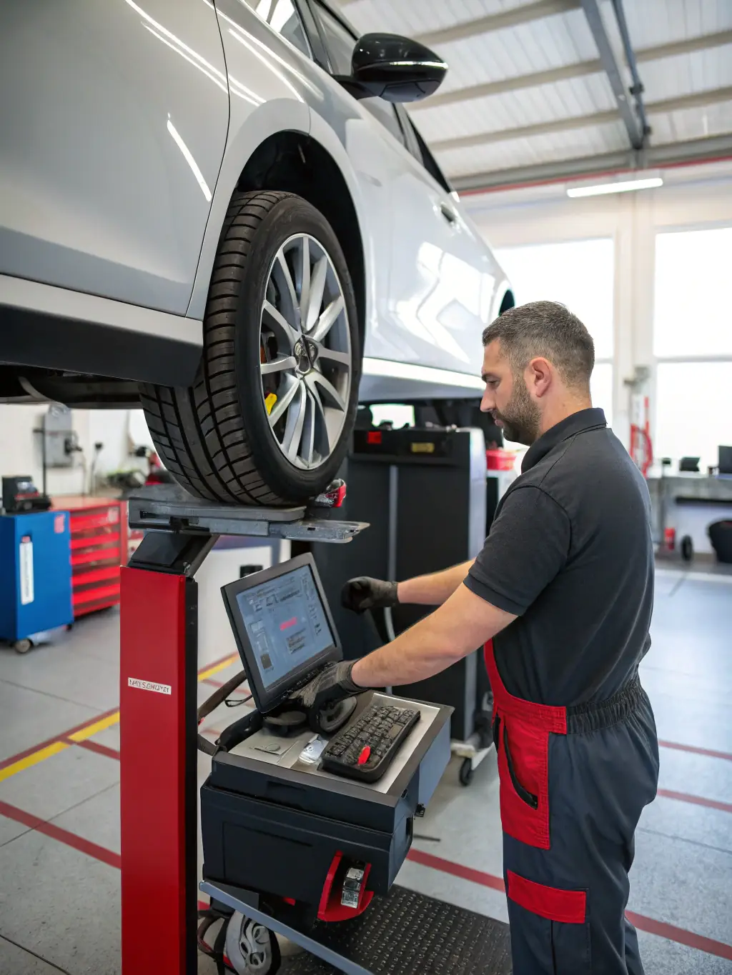 A mechanic using specialized equipment to perform a wheel alignment, demonstrating All Recovery Towing's expertise in ensuring vehicle safety and handling.