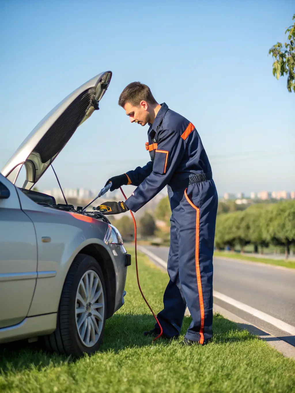 A mobile mechanic from All Recovery Towing is shown jump-starting a car on the side of a road in Canberra, with the company's branded van visible in the background.