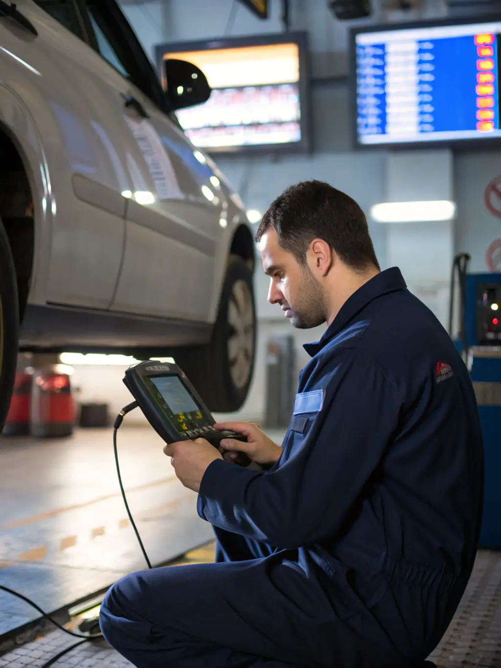 An All Recovery Towing mobile mechanic is using diagnostic equipment to assess a vehicle's engine problem on-site in a suburban Canberra street.
