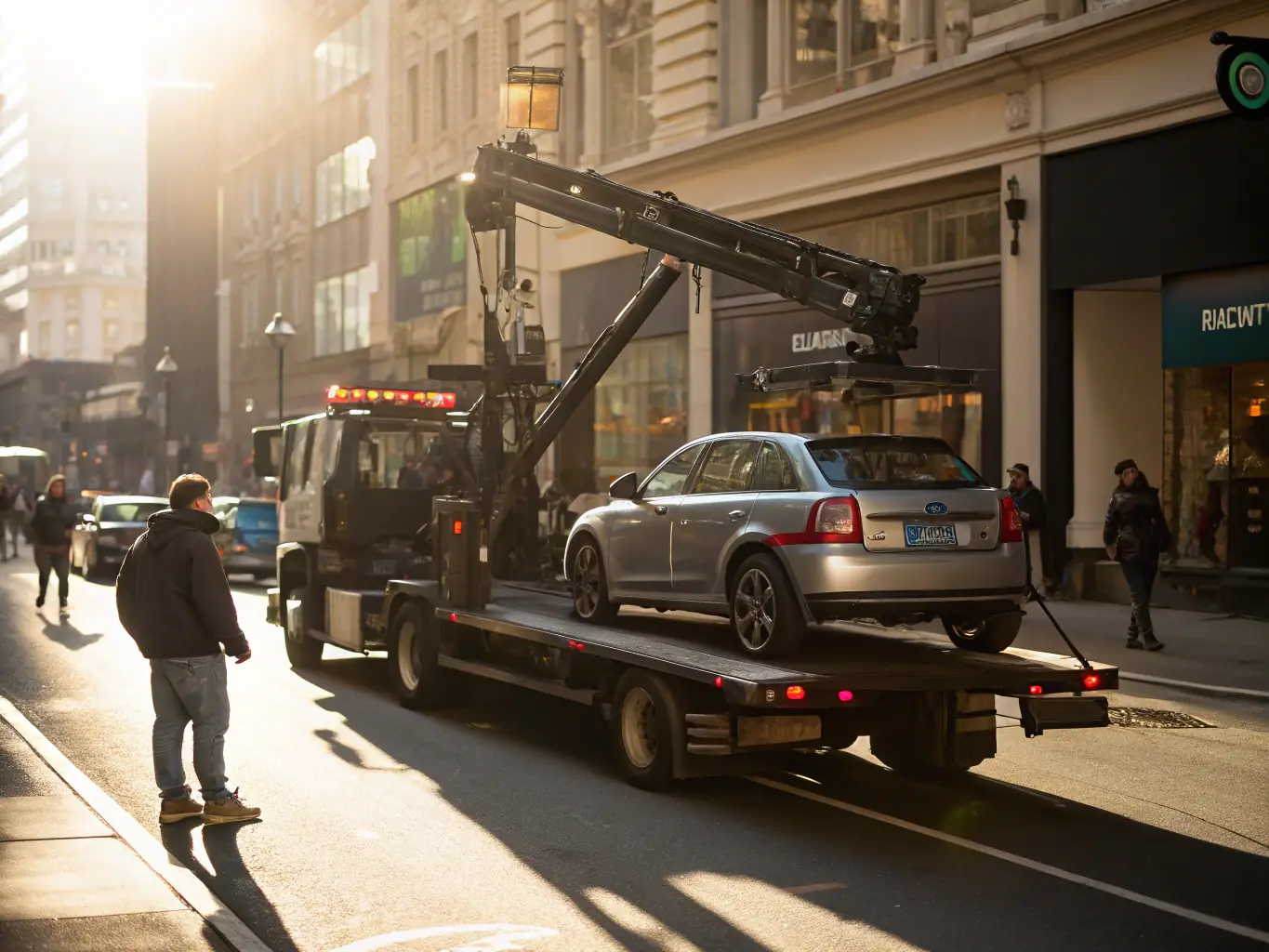 A tow truck lifting a damaged car onto its flatbed in an urban environment, showcasing quick response and professional handling.