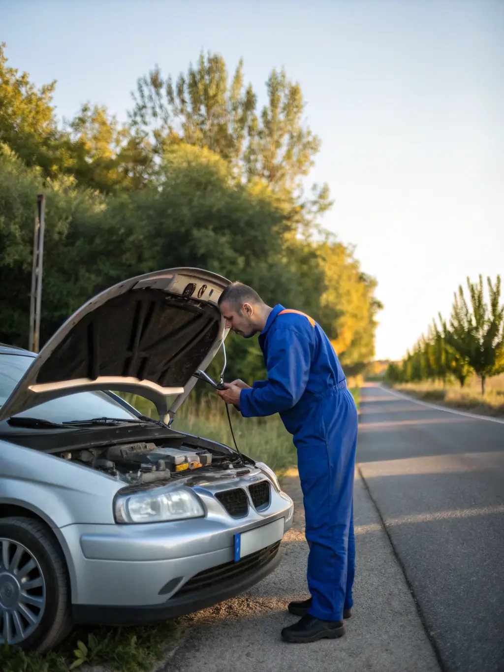 A mechanic from All Recovery Towing is performing a minor repair on a vehicle's engine in a parking lot, highlighting the convenience of mobile mechanical services.