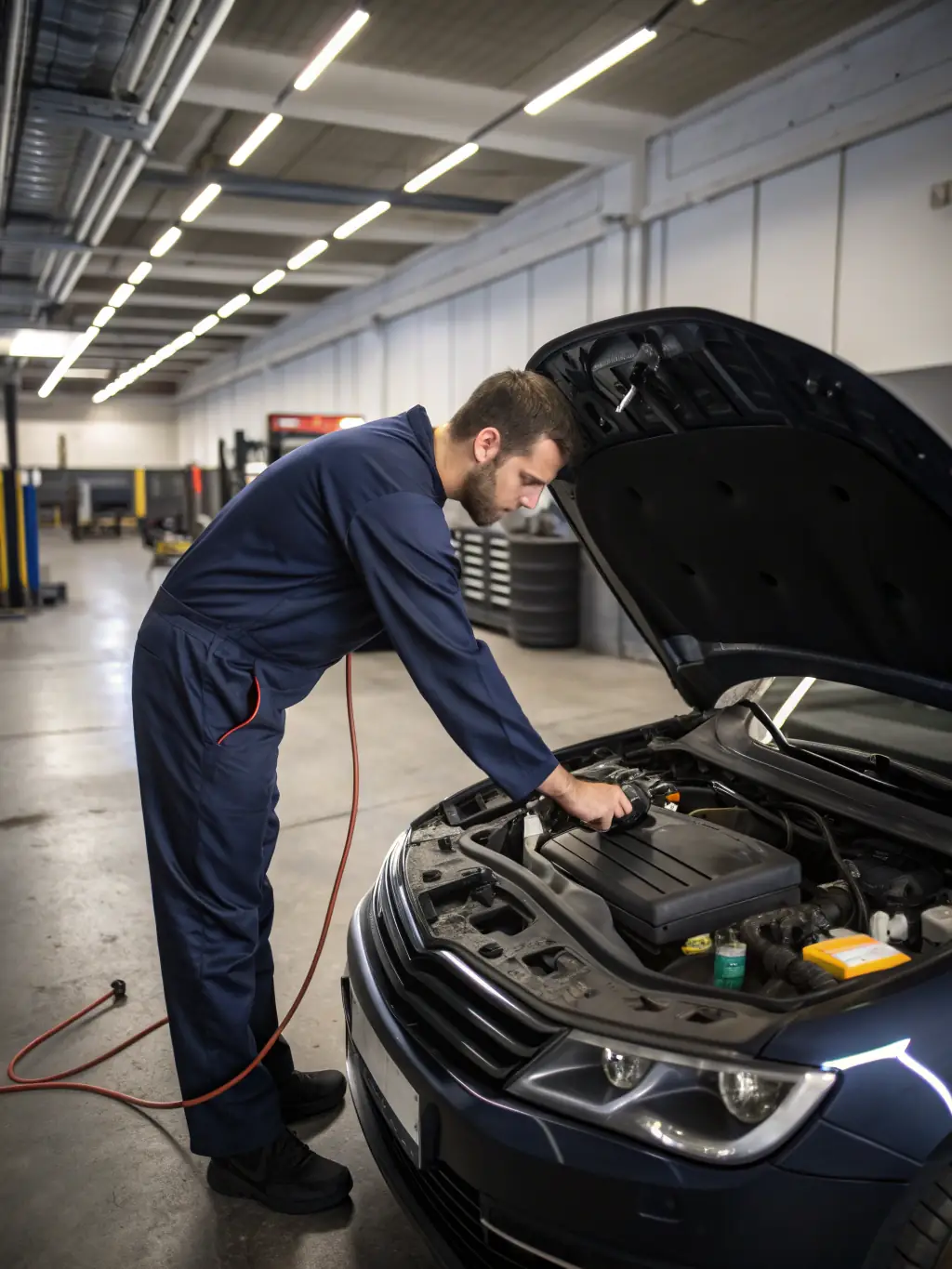 Inside All Recovery Towing's workshop, a mechanic is using diagnostic tools on a vehicle, surrounded by various repair equipment.