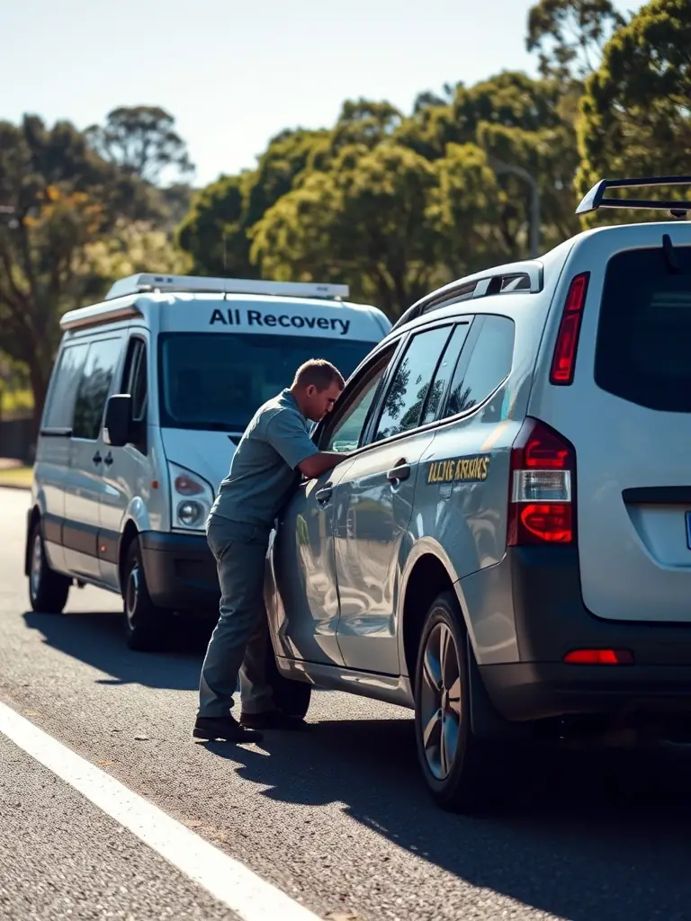 A mobile mechanic working on a car engine on the side of a road, with All Recovery Towing's van parked nearby.
