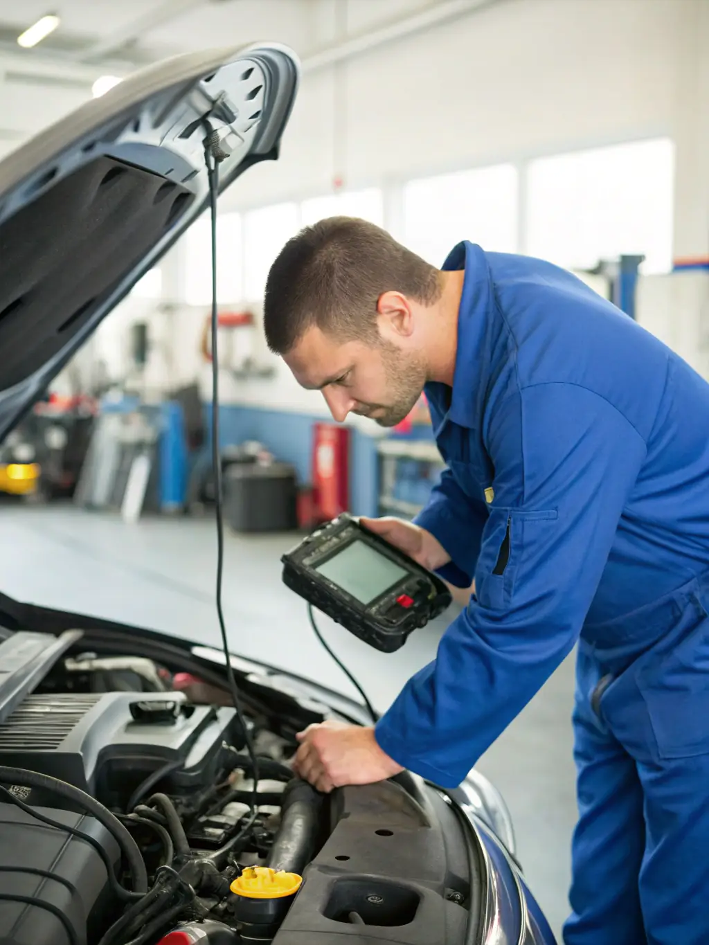 A mobile mechanic using diagnostic tools on a vehicle's computer system, with a focus on the digital interface.