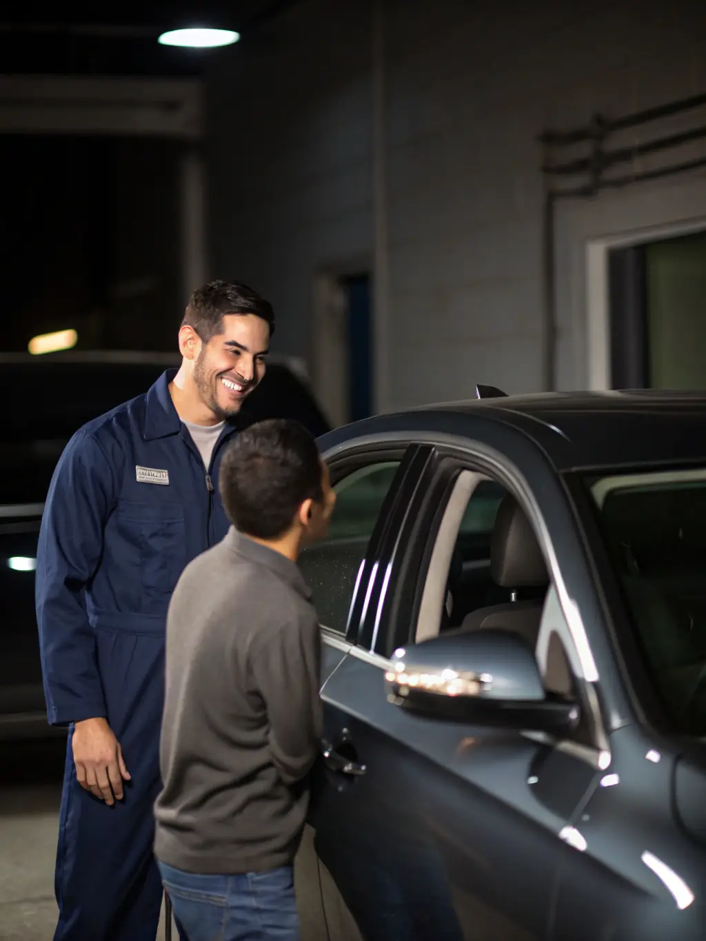 A satisfied customer shaking hands with a mobile mechanic after a successful repair, emphasizing customer satisfaction.