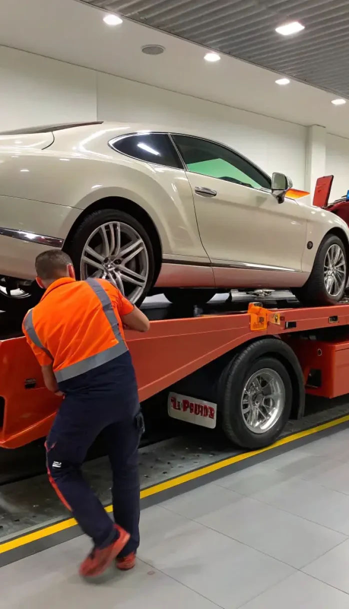 A tow truck lifting a luxury car onto its flatbed, showcasing the careful handling and specialized equipment used for high-end vehicles.