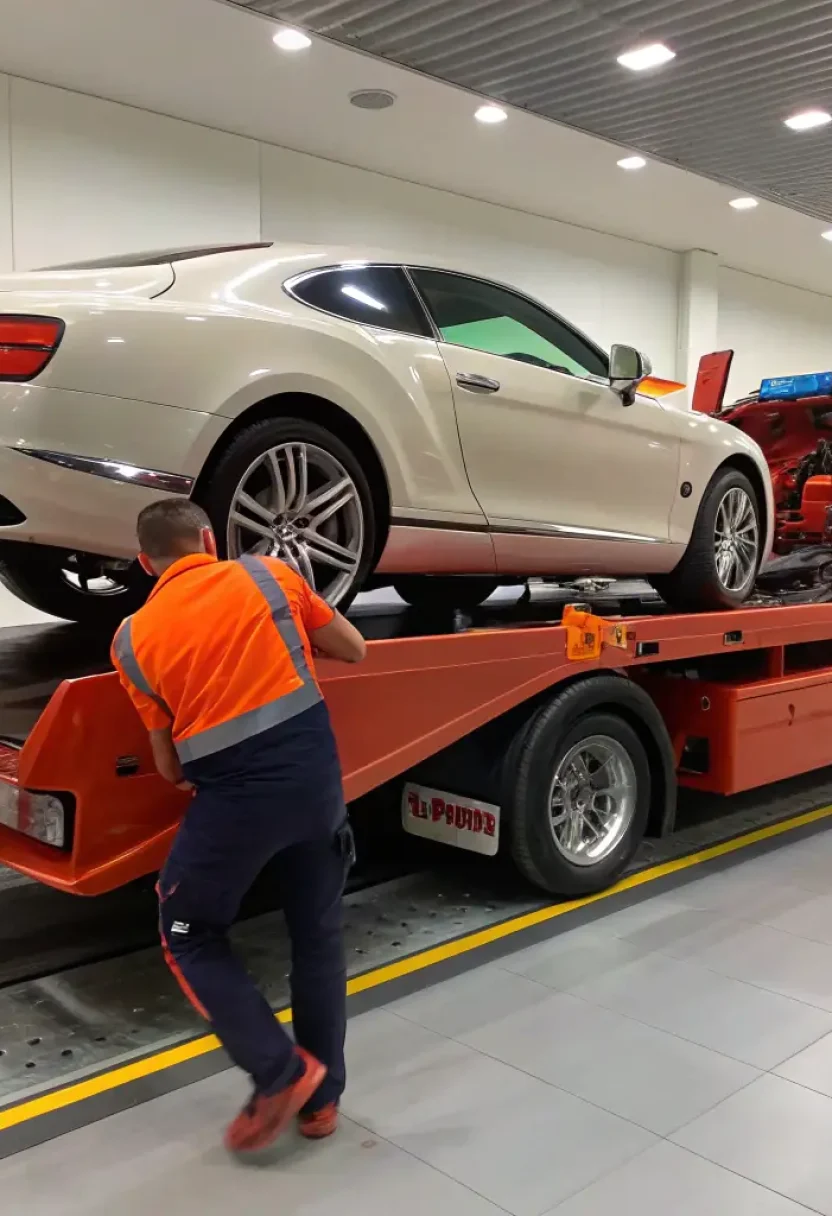 A tow truck lifting a luxury car onto its flatbed, showcasing the careful handling and specialized equipment used for high-end vehicles.